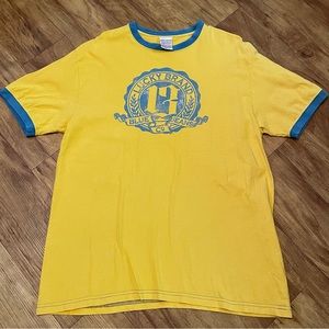Lucky Brand Mens 13 Logo Ringer  T-Shirt Yellow Blue Vintage USA Made Size L Y2K